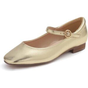 Feversole Women's Maryjane Gold Vegan Leather Synthetic Square Toe Flats